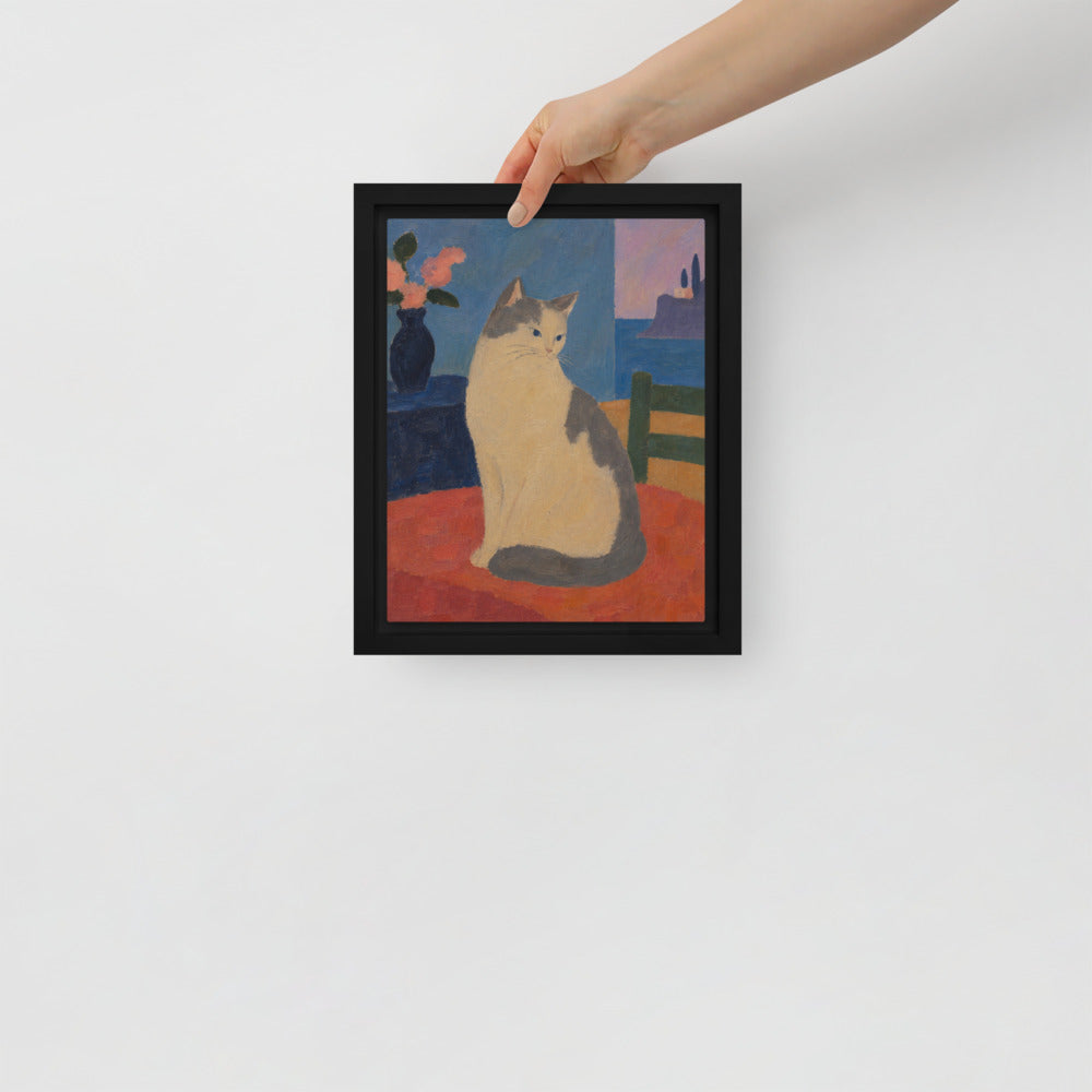 Modern Minimalism cat portrait canvas print, 8 x 10 in, in a black floating frame