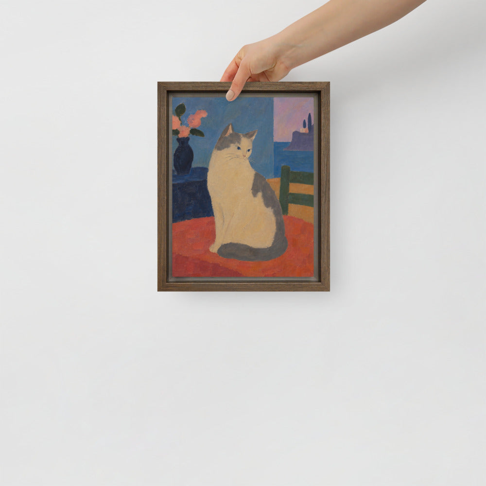 Modern Minimalism cat portrait canvas print, 8 x 10 in, in a brown floating frame