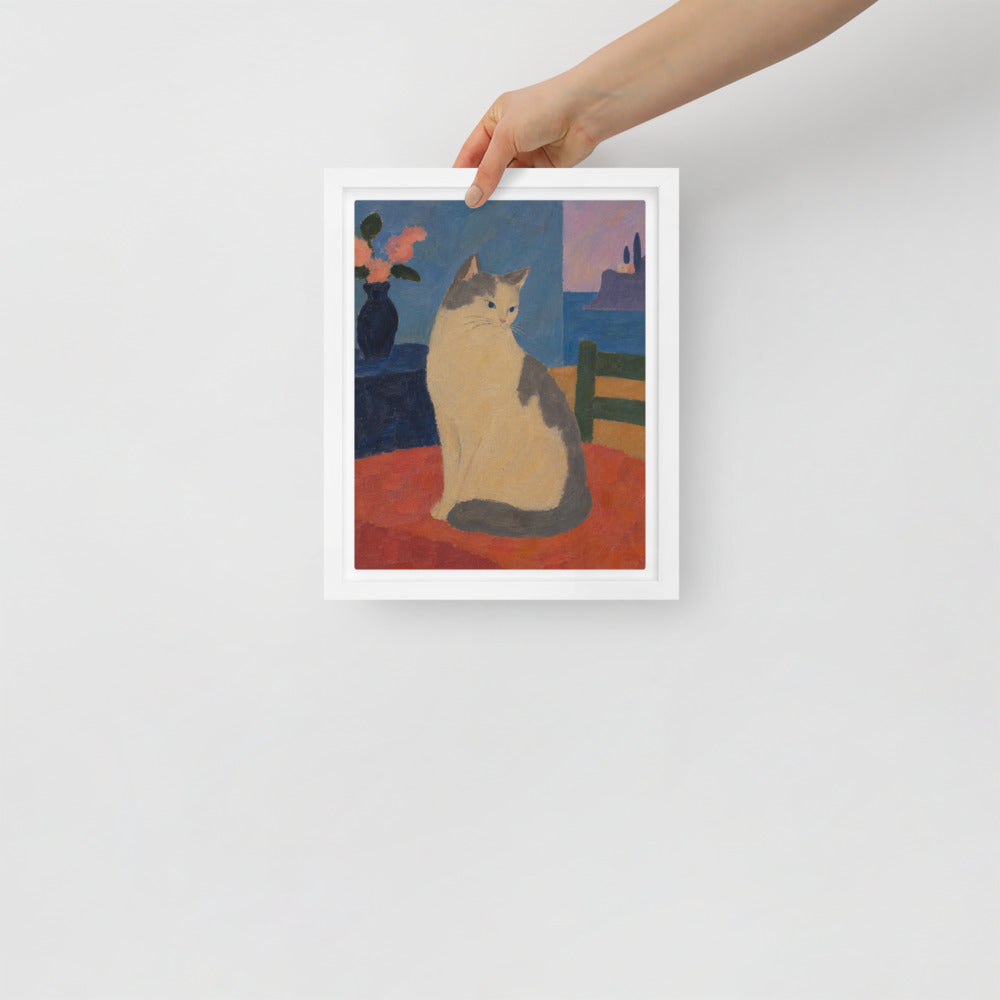 Modern Minimalism cat portrait canvas print, 8 x 10 in, in a white floating frame