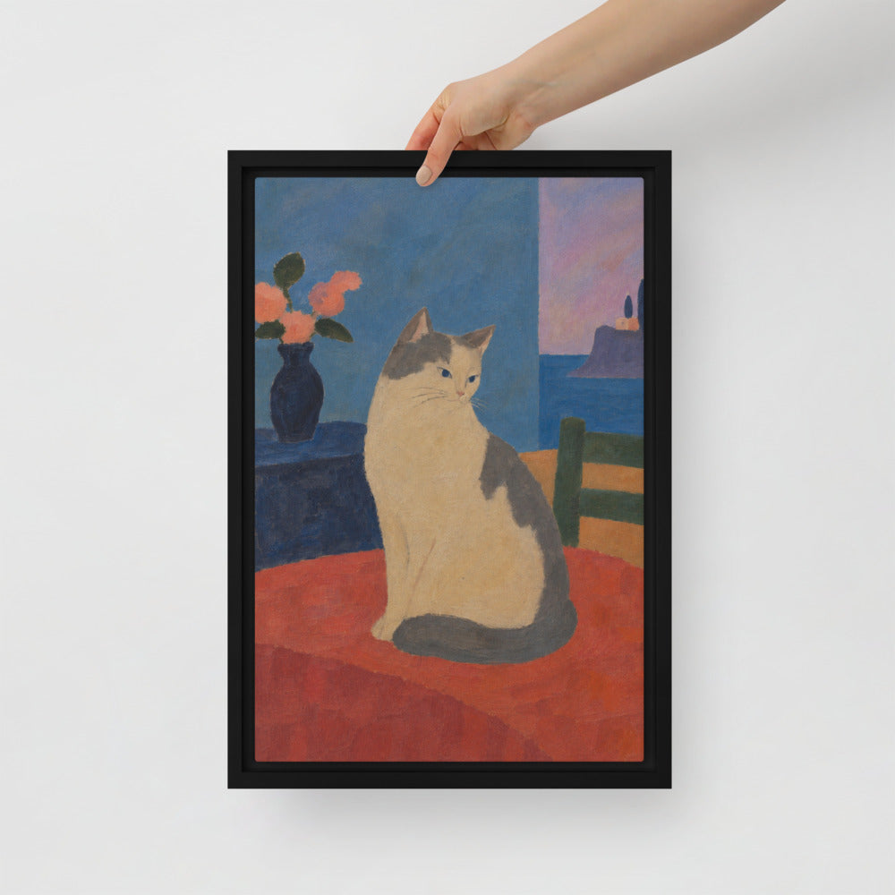 Modern Minimalism cat portrait canvas print, 12 x 18 in, in a black floating frame