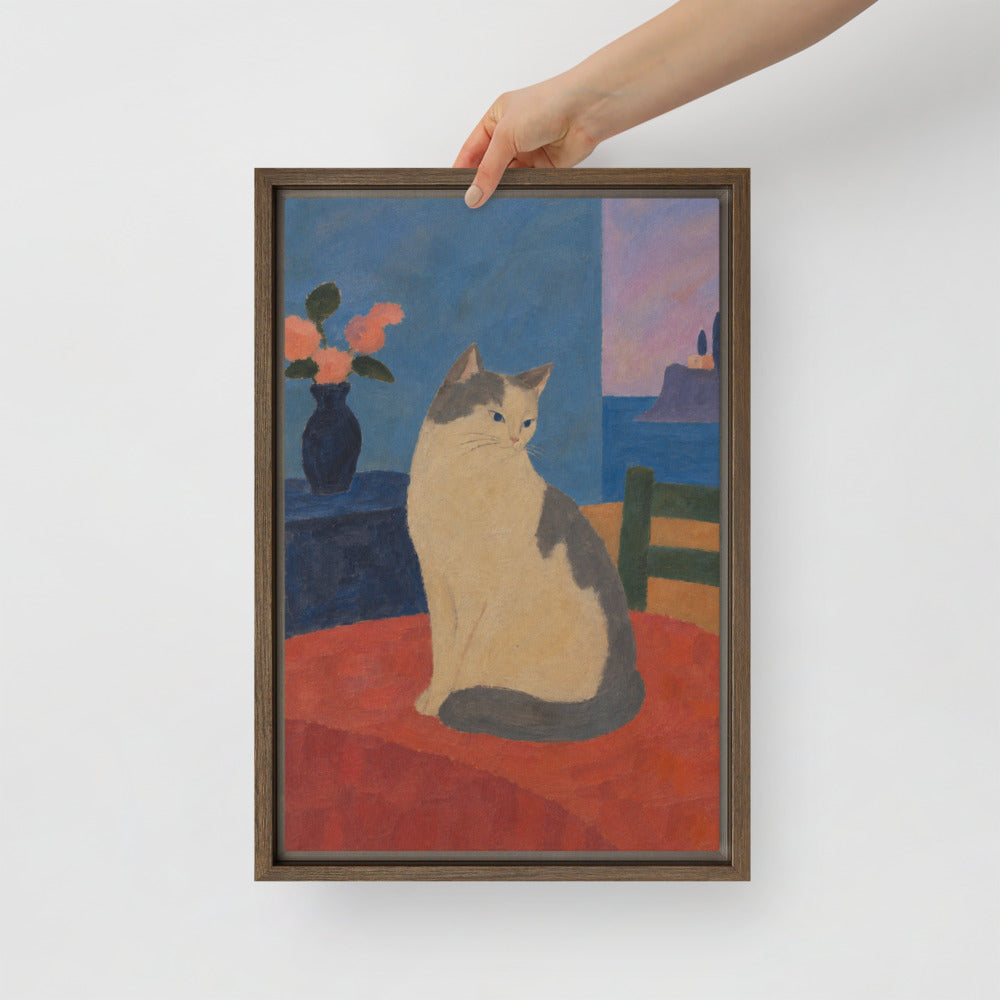 Modern Minimalism cat portrait canvas print, 12 x 18 in, in a brown floating frame