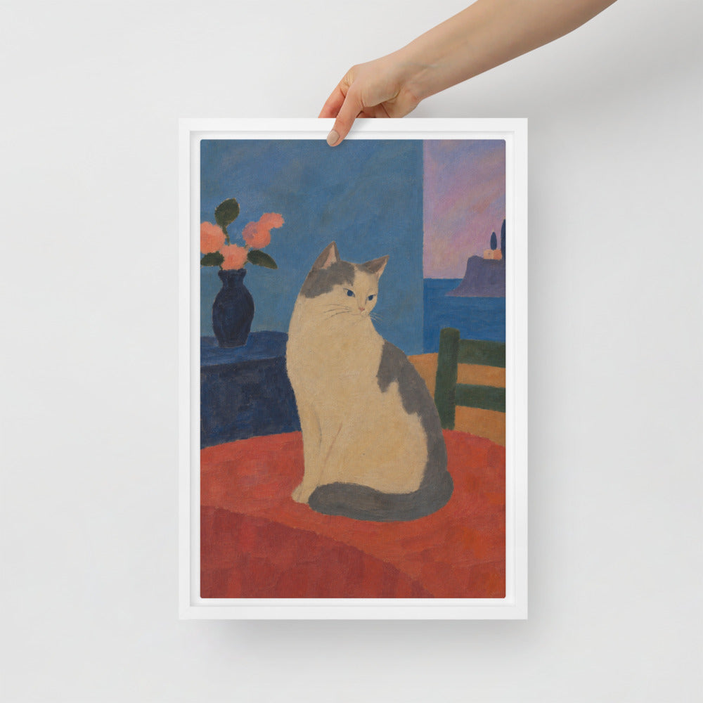 Modern Minimalism cat portrait canvas print, 12 x 18 in, in a white floating frame