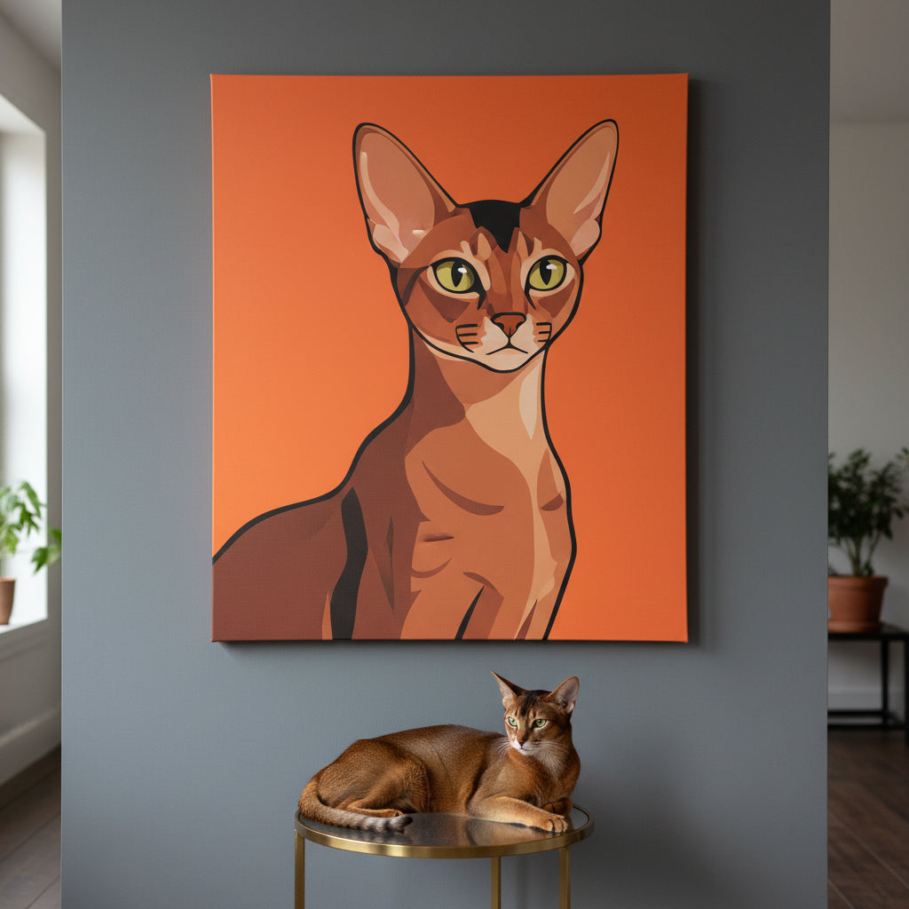Playful Illustrated Pop Canvas room mockup; custom cat portrait canvas from photo in the Playful Illustrated Pop style; warm-toned cat; proof before print.