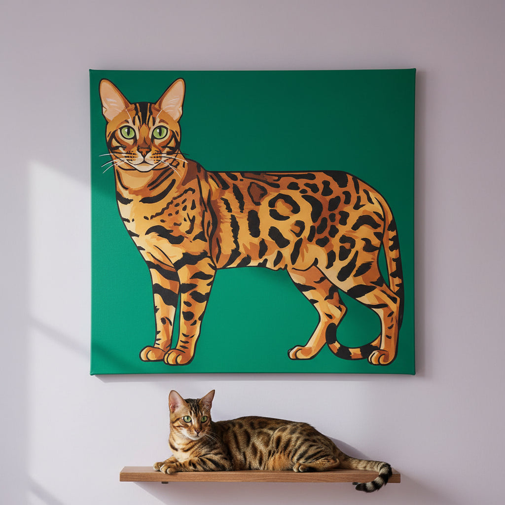 Playful Illustrated Pop Canvas room mockup; custom cat portrait canvas from photo in the Playful Illustrated Pop style; spotted tabby-like cat; proof before print.