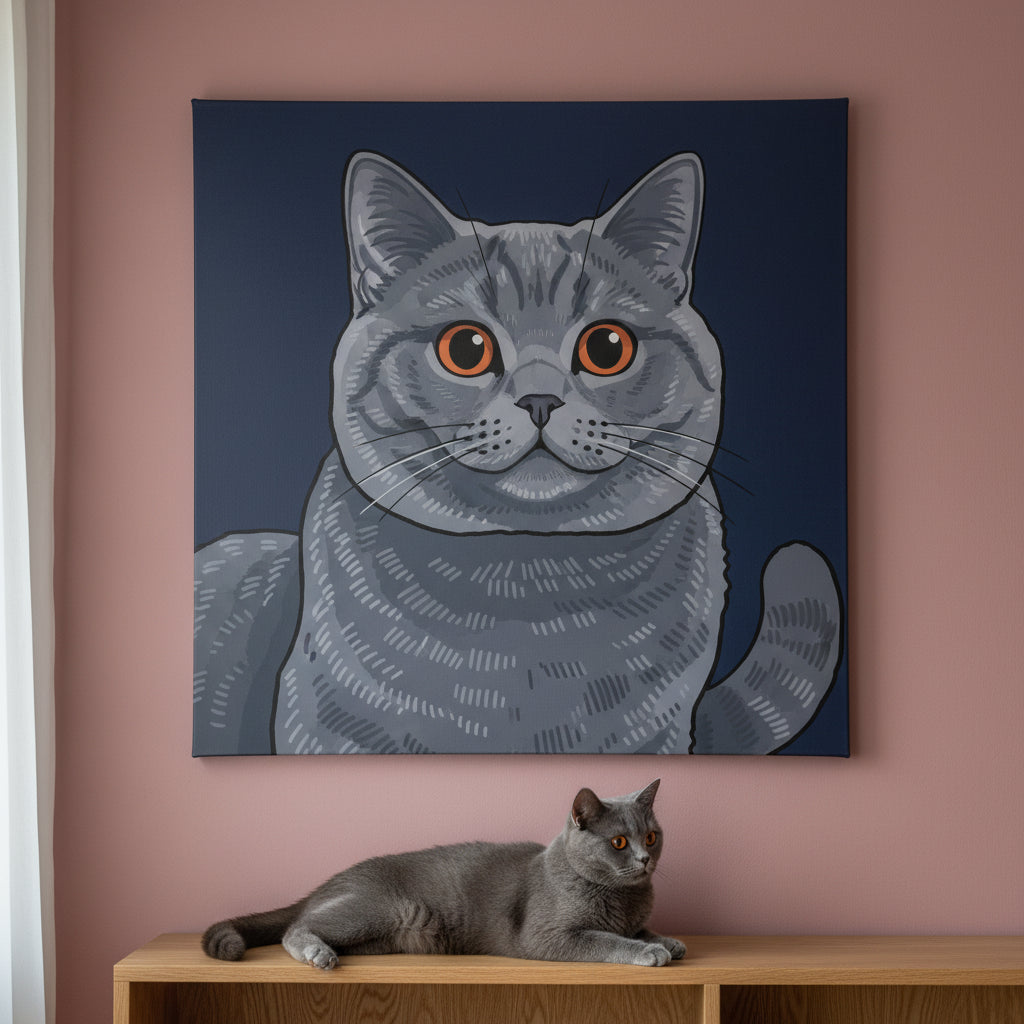 Playful Illustrated Pop Canvas room mockup; custom cat portrait canvas from photo in the Playful Illustrated Pop style; gray cat; proof before print.