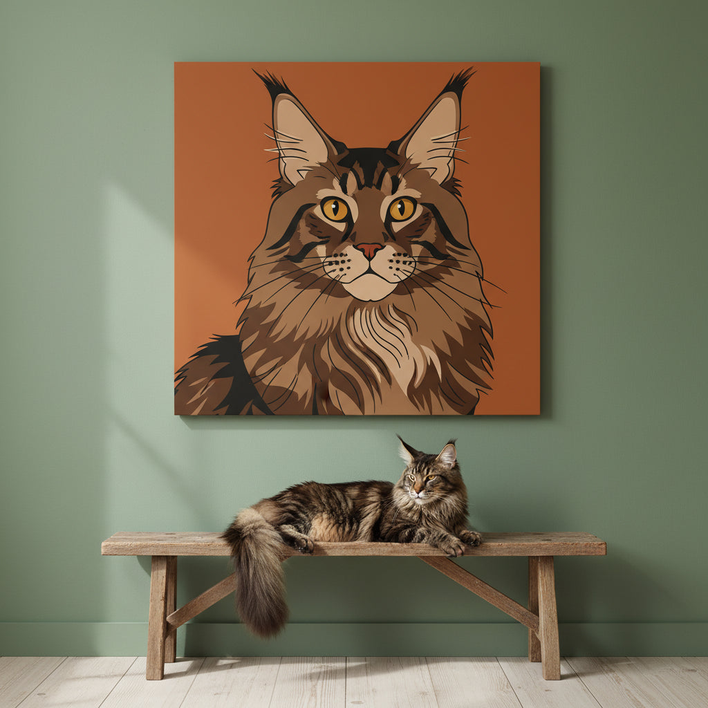 Playful Illustrated Pop Canvas room mockup; custom cat portrait canvas from photo in the Playful Illustrated Pop style; longhair cat; proof before print.