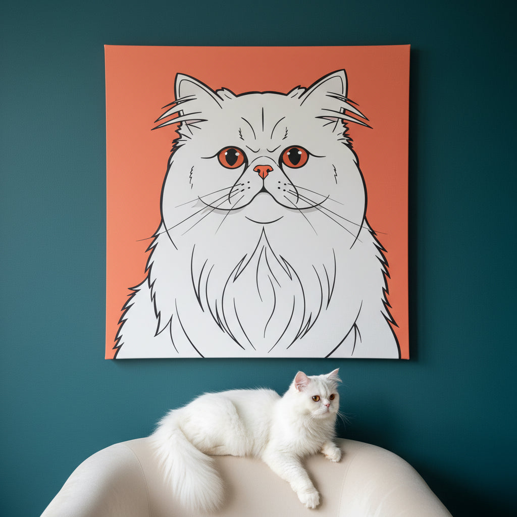 Playful Illustrated Pop Canvas room mockup; custom cat portrait canvas from photo in the Playful Illustrated Pop style; longhair cat; proof before print.