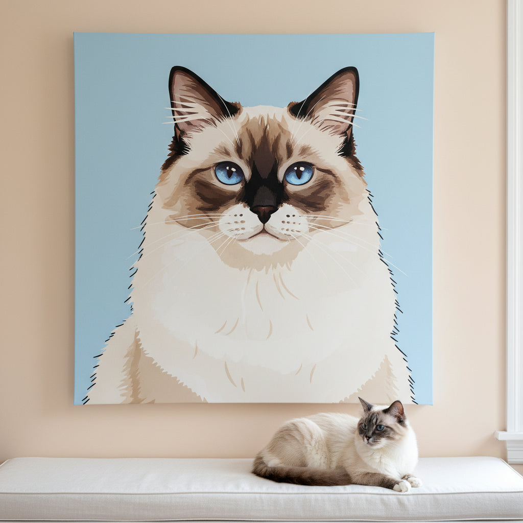 Playful Illustrated Pop Canvas room mockup; custom cat portrait canvas from photo in the Playful Illustrated Pop style; longhair cat; proof before print.