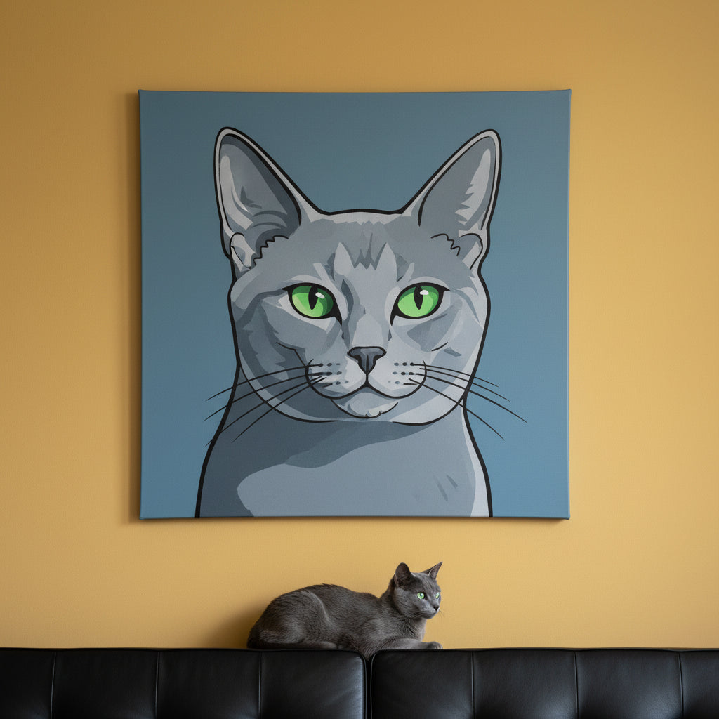 Playful Illustrated Pop Canvas room mockup; custom cat portrait canvas from photo in the Playful Illustrated Pop style; gray cat; proof before print.