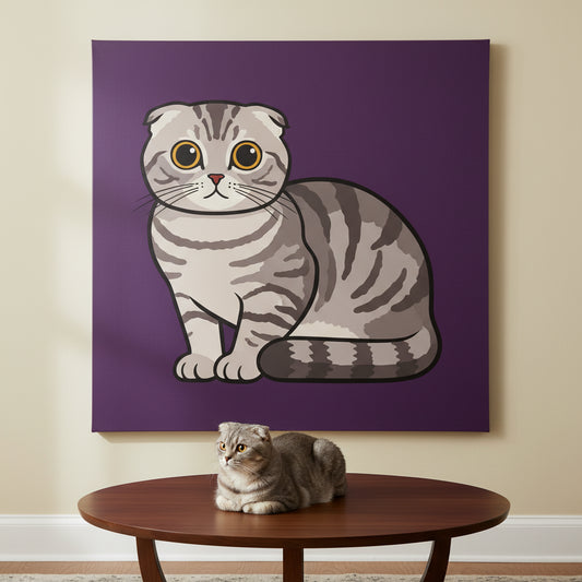 Playful Illustrated Pop Canvas room mockup; custom cat portrait canvas from photo in the Playful Illustrated Pop style; gray cat; proof before print.