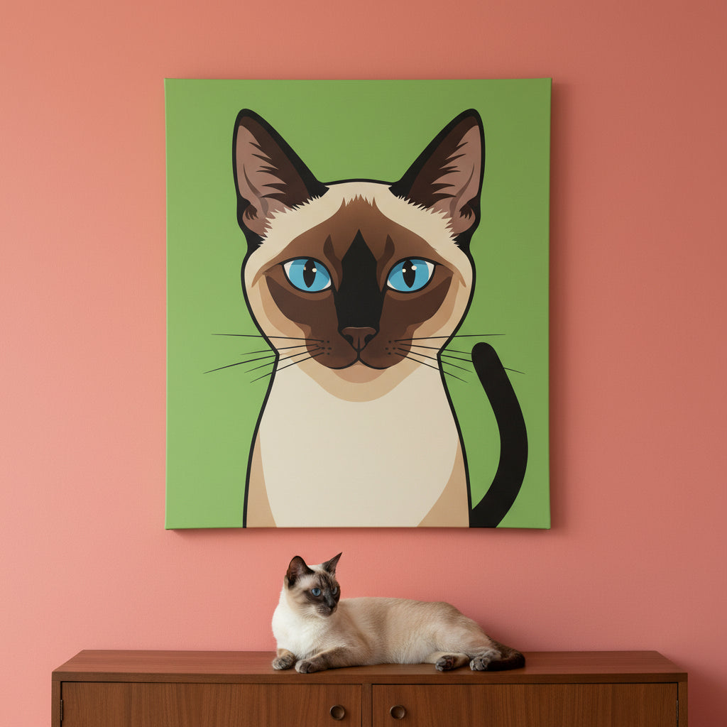 Playful Illustrated Pop Canvas room mockup; custom cat portrait canvas from photo in the Playful Illustrated Pop style; pointed cat; proof before print.