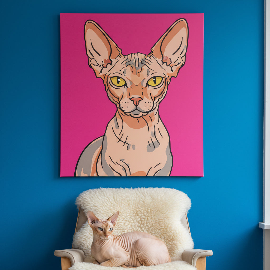 Playful Illustrated Pop Canvas room mockup; custom cat portrait canvas from photo in the Playful Illustrated Pop style; hairless cat; proof before print.