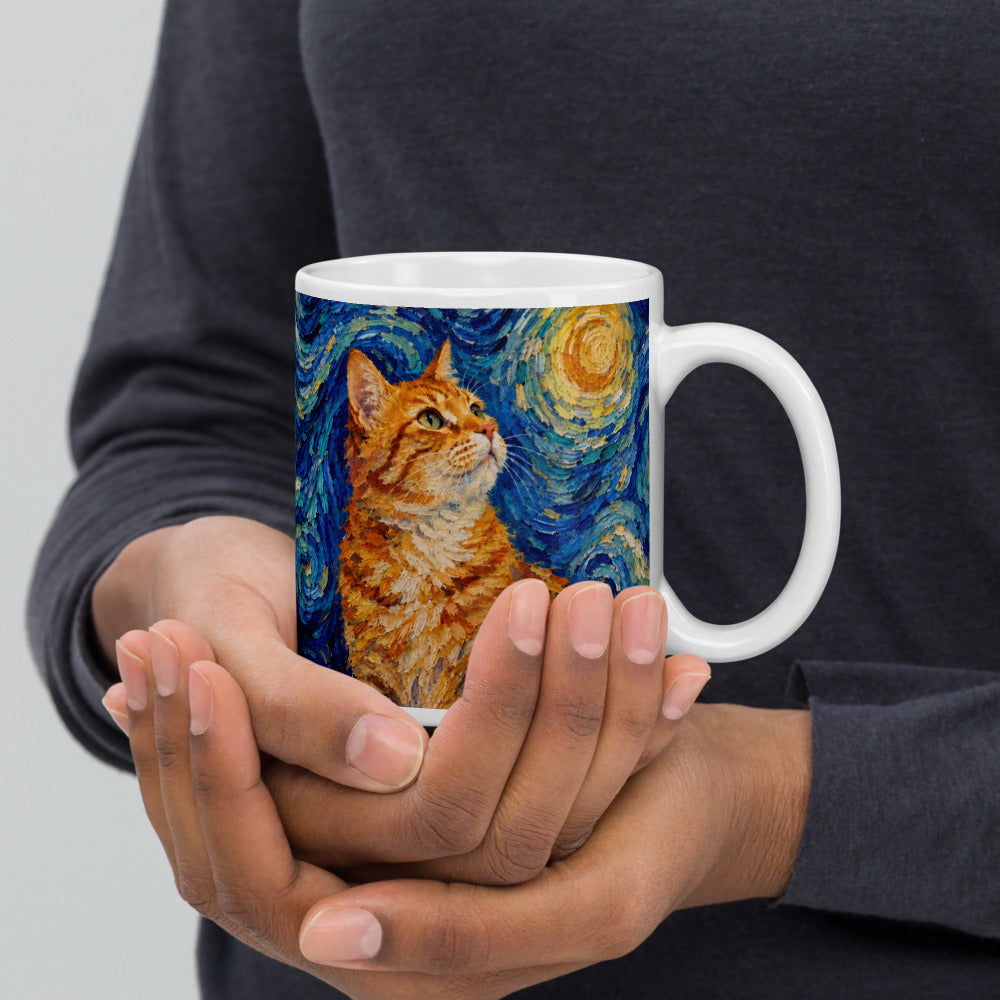 Custom cat portrait mug, Van Gogh style, held in two hands