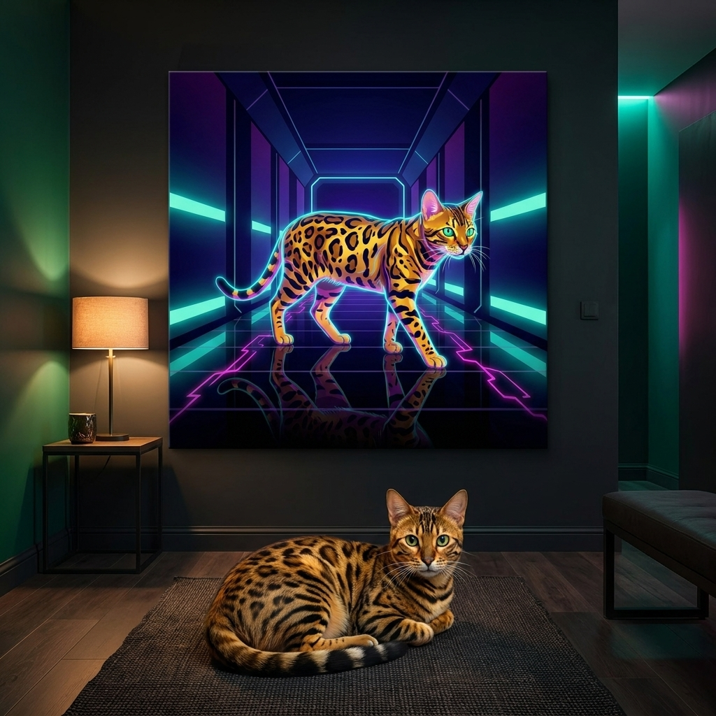 Neon Pulse Canvas room mockup; custom cat portrait canvas from photo in the Neon Pulse style; spotted tabby-like cat; proof before print.