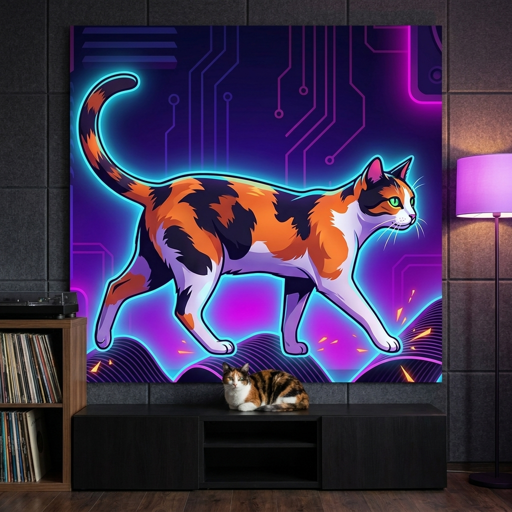 Neon Pulse Canvas room mockup; custom cat portrait canvas from photo in the Neon Pulse style; calico cat; proof before print.