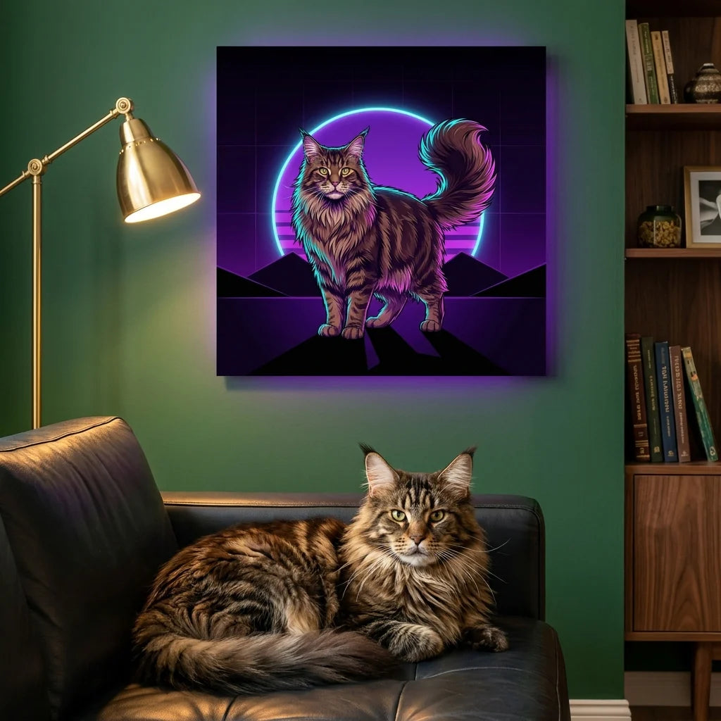 Neon Pulse Canvas room mockup; custom cat portrait canvas from photo in the Neon Pulse style; longhair cat; proof before print.