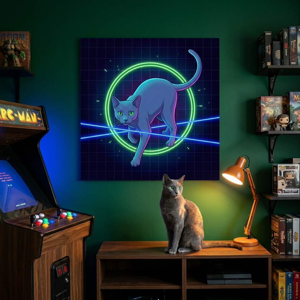Neon Pulse Canvas room mockup; custom cat portrait canvas from photo in the Neon Pulse style; gray cat; proof before print.