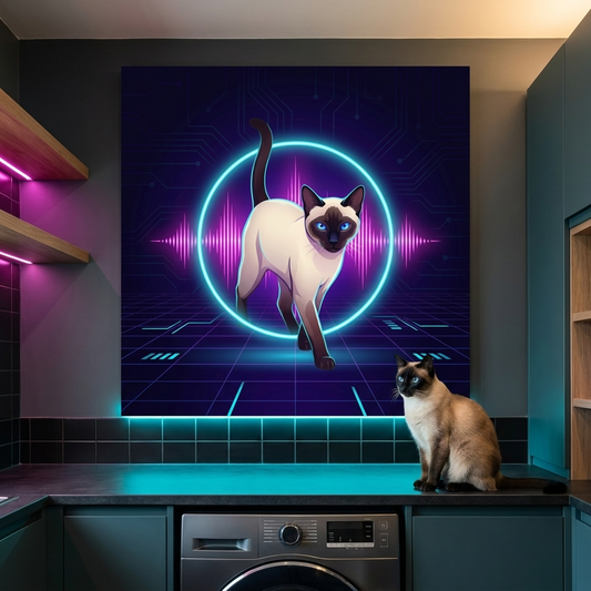 Neon Pulse Canvas room mockup; custom cat portrait canvas from photo in the Neon Pulse style; kitchen-themed; pointed cat; proof before print.