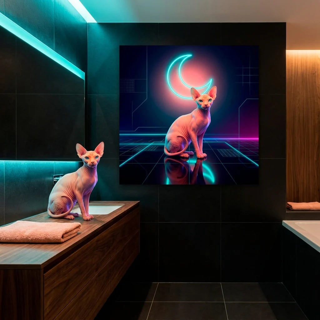 Neon Pulse Canvas room mockup; custom cat portrait canvas from photo in the Neon Pulse style; hairless cat; proof before print.