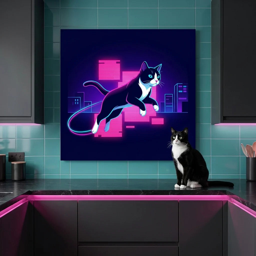 Neon Pulse Canvas room mockup; custom cat portrait canvas from photo in the Neon Pulse style; kitchen-themed; tuxedo cat; proof before print.