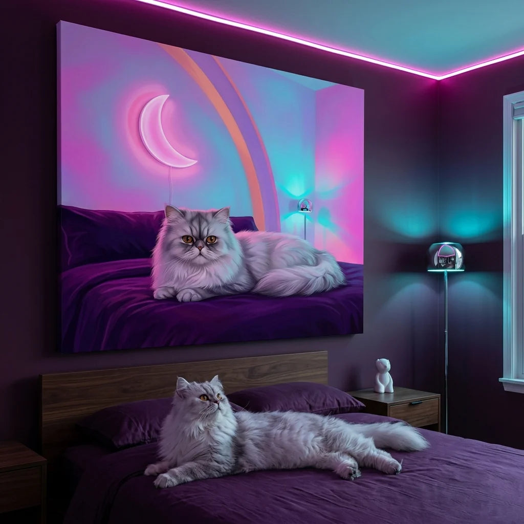 Neon Pulse Canvas room mockup; custom cat portrait canvas from photo in the Neon Pulse style; longhair cat; proof before print.