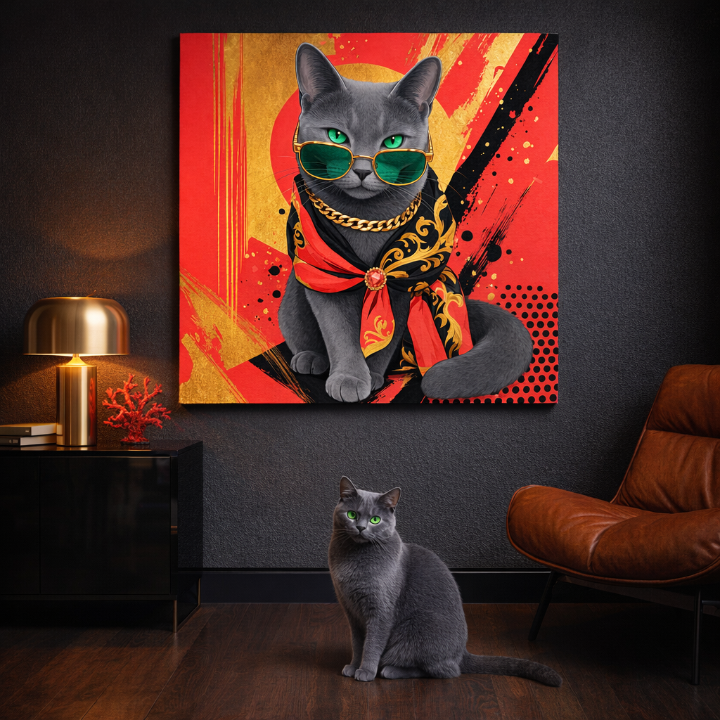 NFT Pop Art Canvas room mockup; custom cat portrait canvas from photo in the NFT Pop Art style; gray cat; proof before print.