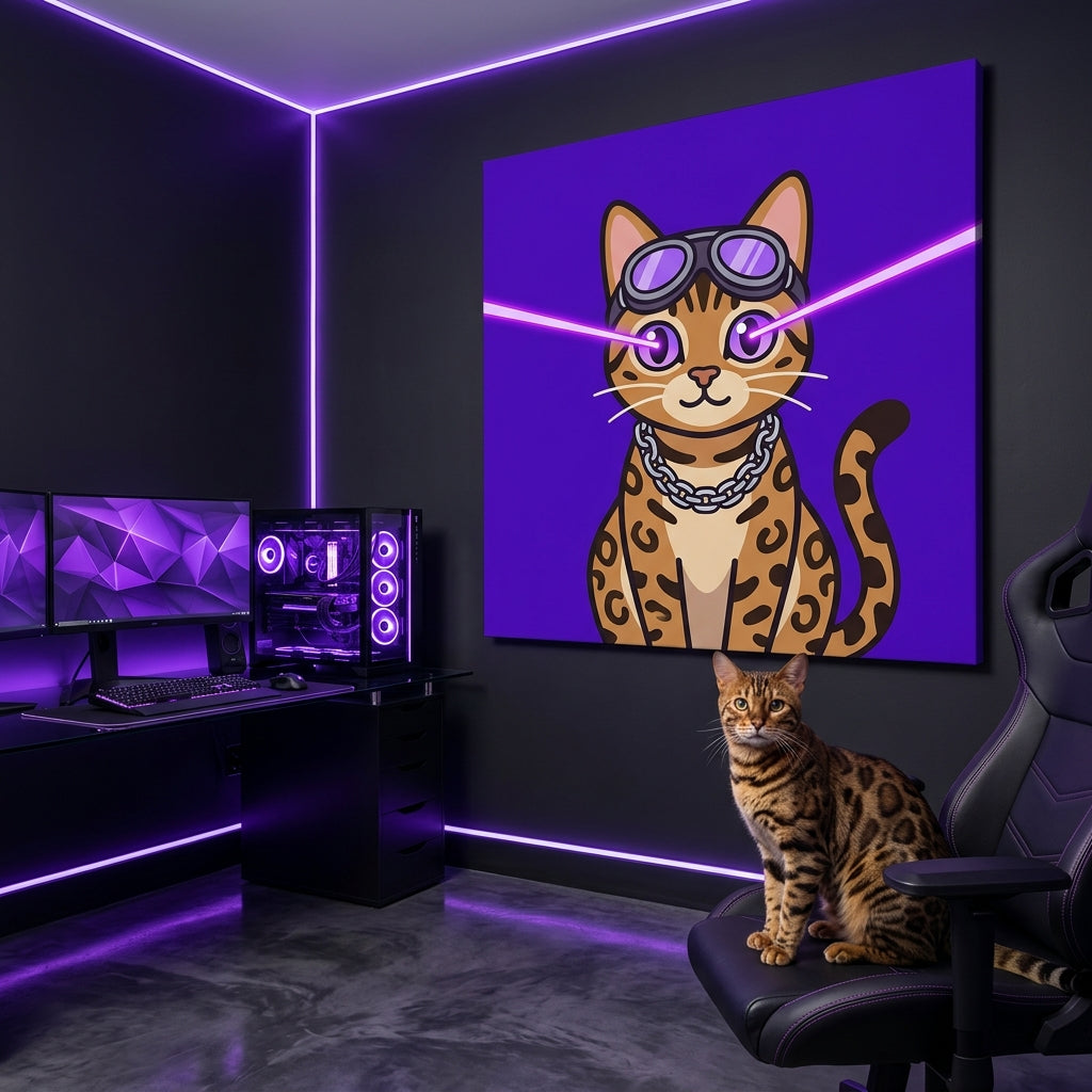 NFT Pop Art Canvas room mockup; custom cat portrait canvas from photo in the NFT Pop Art style; spotted tabby-like cat; proof before print.