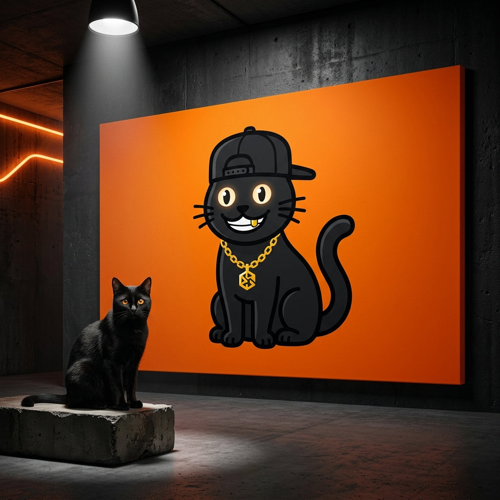 NFT Pop Art Canvas room mockup; custom cat portrait canvas from photo in the NFT Pop Art style; black cat; proof before print.