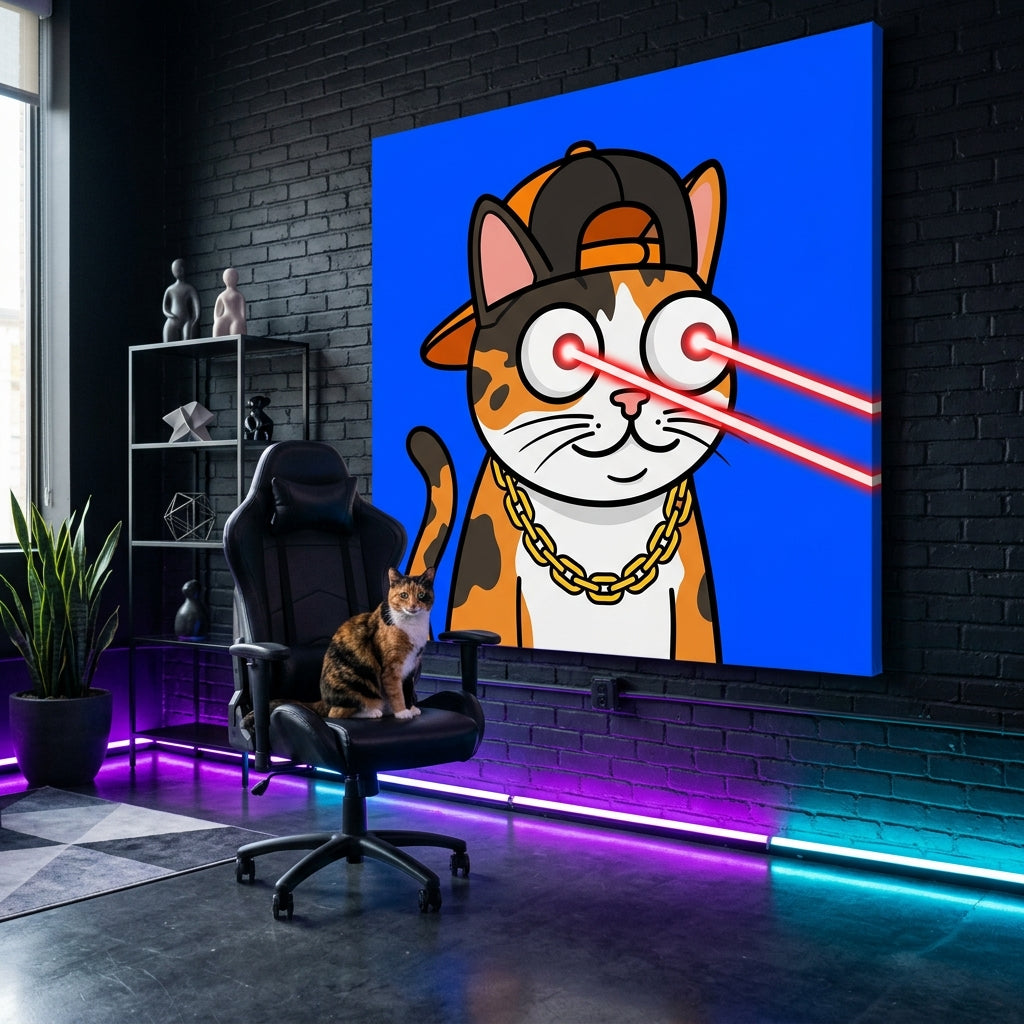 NFT Pop Art Canvas room mockup; custom cat portrait canvas from photo in the NFT Pop Art style; calico cat; proof before print.
