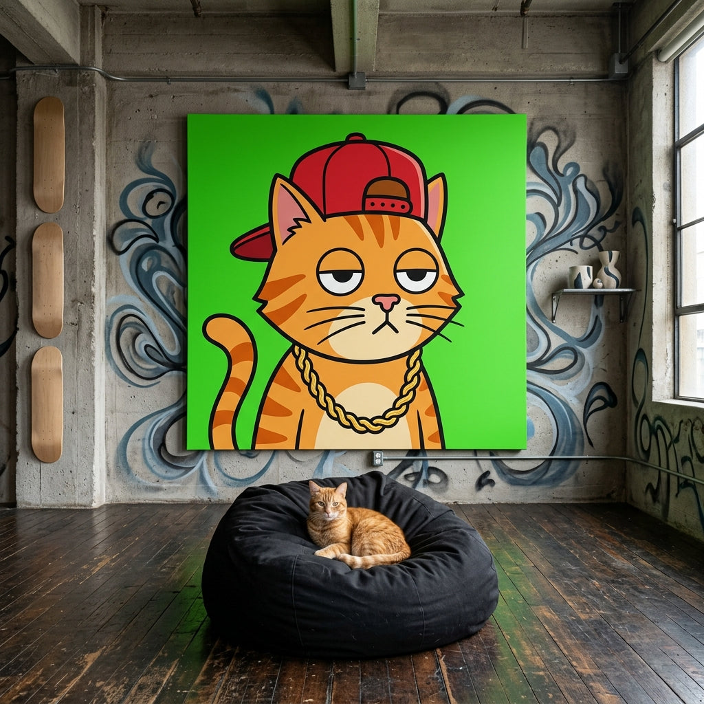 NFT Pop Art Canvas room mockup; custom cat portrait canvas from photo in the NFT Pop Art style; orange tabby cat; proof before print.