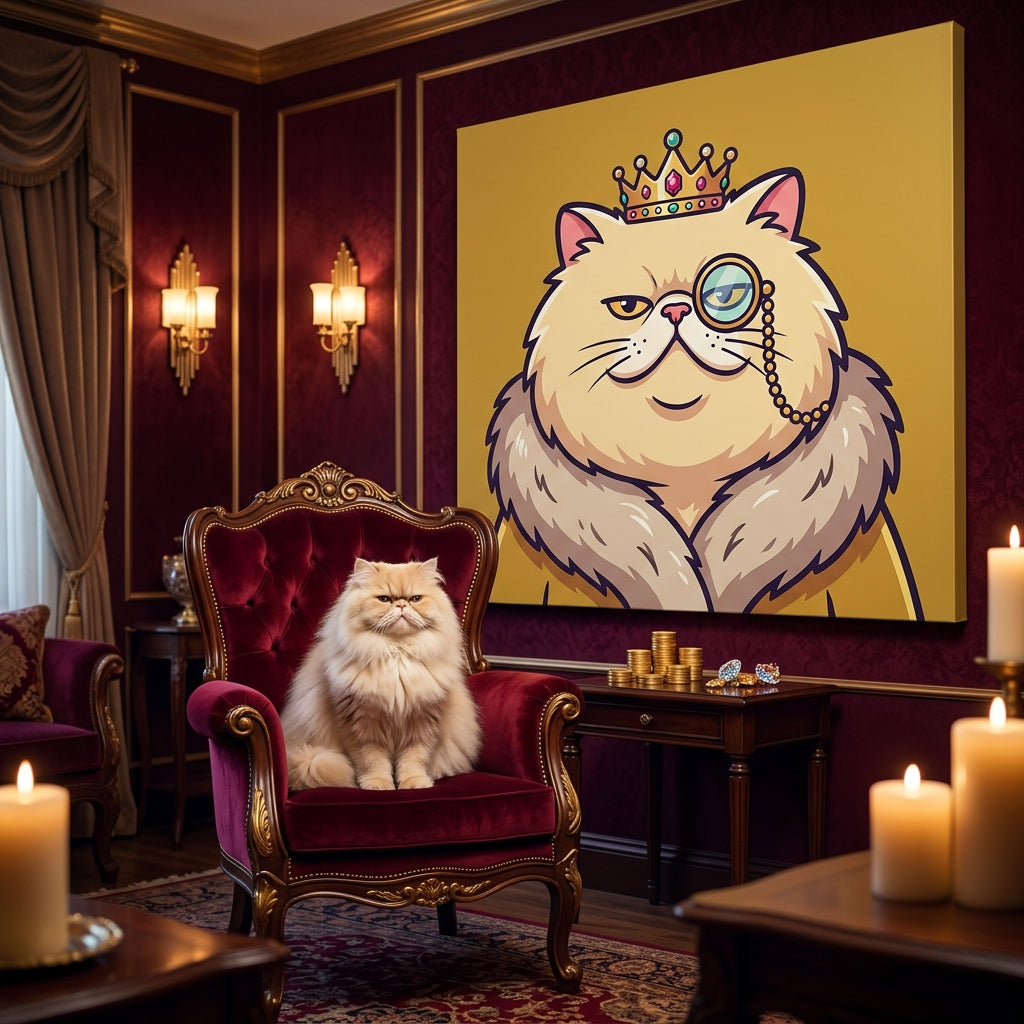NFT Pop Art Canvas room mockup; custom cat portrait canvas from photo in the NFT Pop Art style; longhair cat; proof before print.