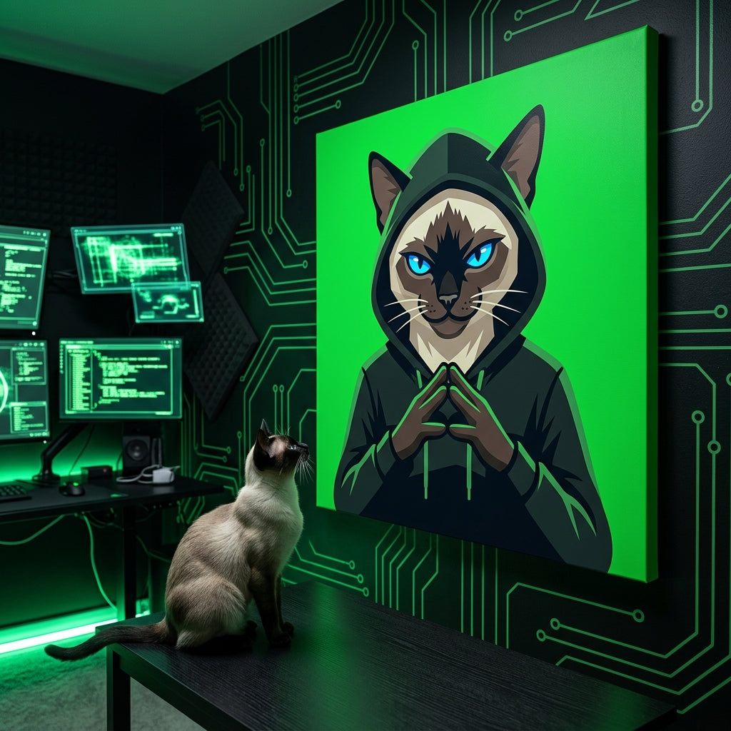 NFT Pop Art Canvas room mockup; custom cat portrait canvas from photo in the NFT Pop Art style; pointed cat; proof before print.