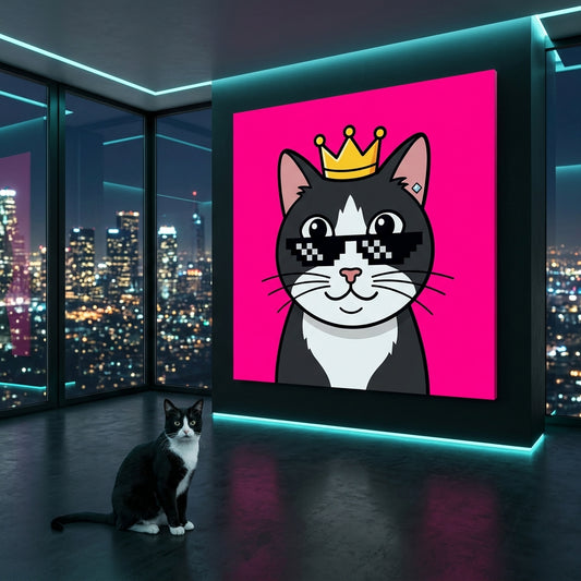 NFT Pop Art Canvas room mockup; custom cat portrait canvas from photo in the NFT Pop Art style; tuxedo cat; proof before print.