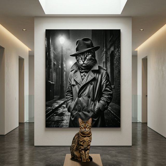 The Noir Detective Canvas room mockup; custom cat portrait canvas from photo in the The Noir Detective style; detective-themed; spotted tabby-like cat; proof before print.