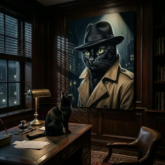The Noir Detective Canvas room mockup; custom cat portrait canvas from photo in the The Noir Detective style; detective-themed; black cat; proof before print.