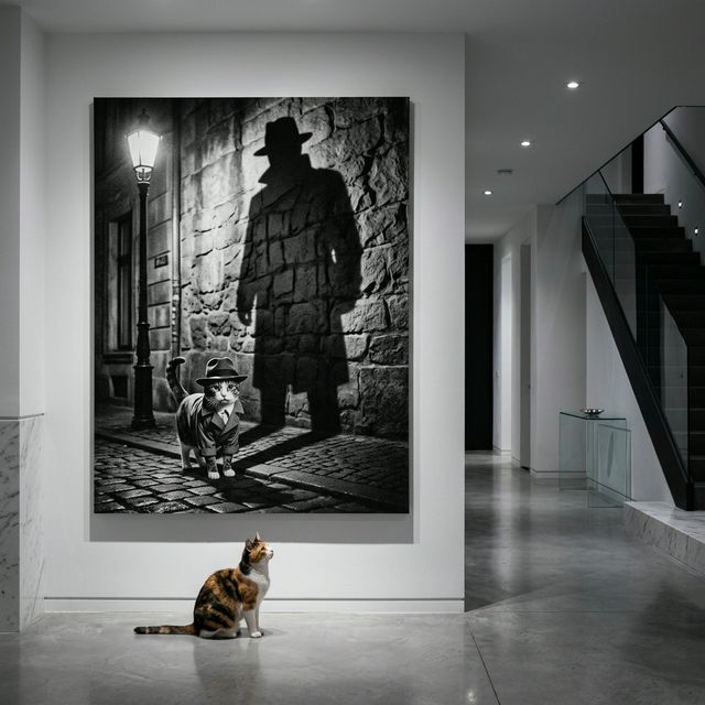 The Noir Detective Canvas room mockup; custom cat portrait canvas from photo in the The Noir Detective style; detective-themed; calico cat; proof before print.