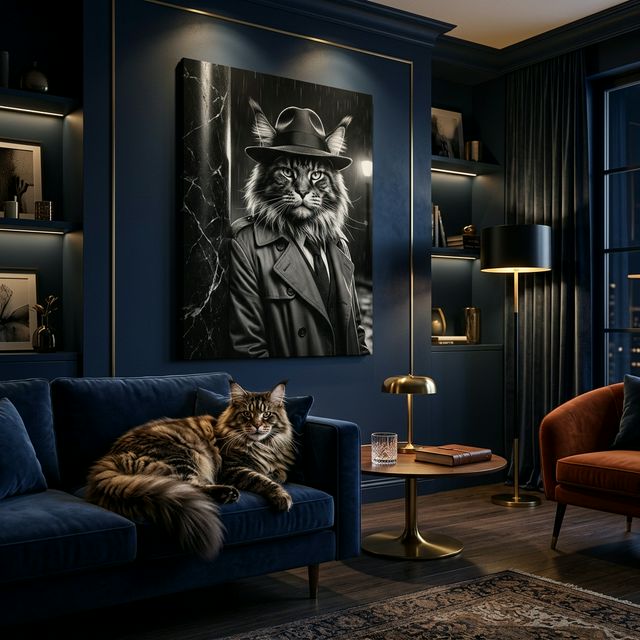 The Noir Detective Canvas room mockup; custom cat portrait canvas from photo in the The Noir Detective style; detective-themed; longhair cat; proof before print.