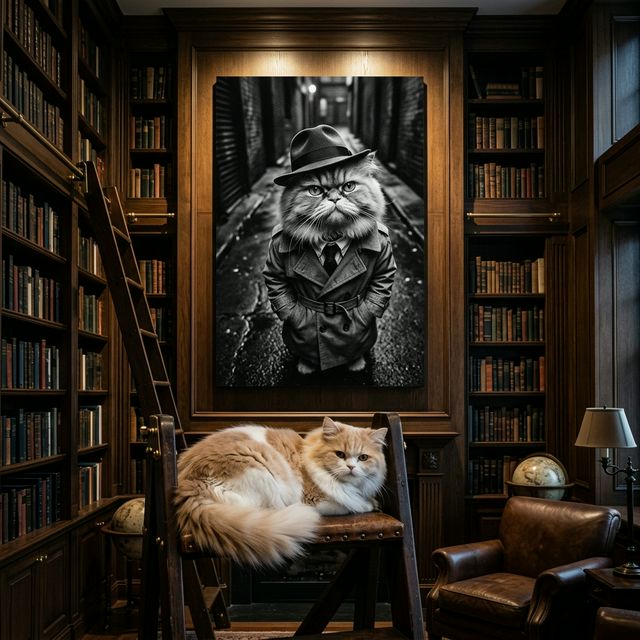 The Noir Detective Canvas room mockup; custom cat portrait canvas from photo in the The Noir Detective style; detective-themed; longhair cat; proof before print.