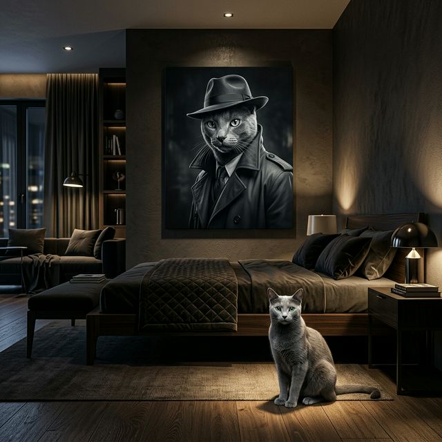 The Noir Detective Canvas room mockup; custom cat portrait canvas from photo in the The Noir Detective style; detective-themed; gray cat; proof before print.