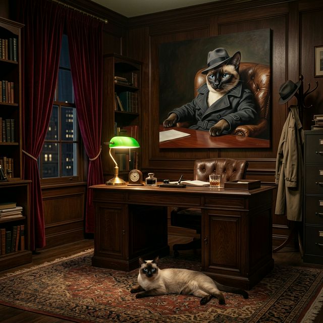 The Noir Detective Canvas room mockup; custom cat portrait canvas from photo in the The Noir Detective style; detective-themed; pointed cat; proof before print.