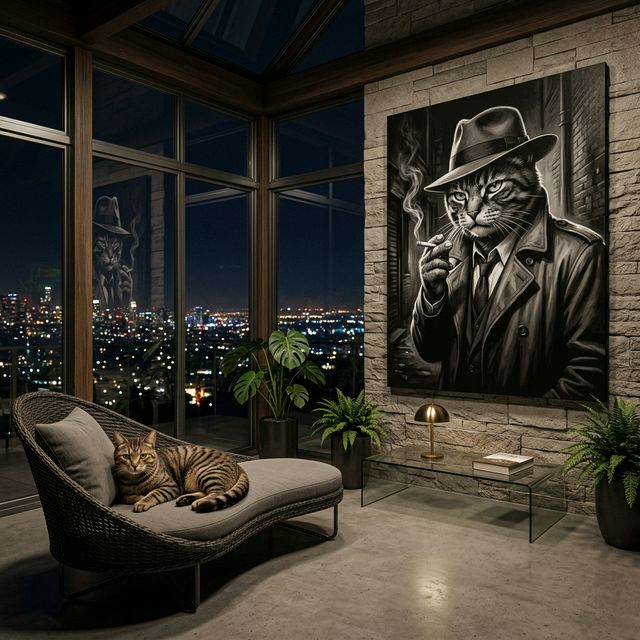 The Noir Detective Canvas room mockup; custom cat portrait canvas from photo in the The Noir Detective style; detective-themed; tabby cat; proof before print.