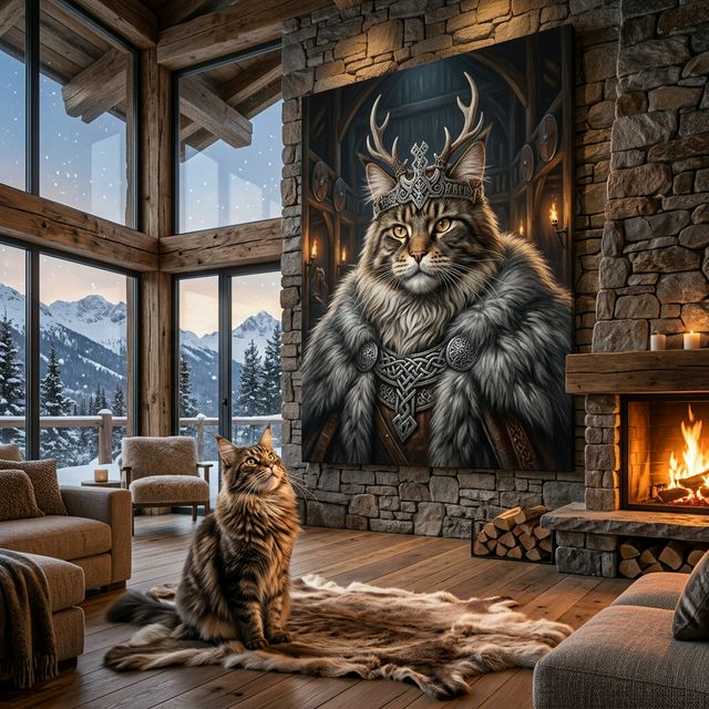 The Sovereign Canvas room mockup; custom cat portrait canvas from photo in the The Sovereign style; longhair cat; proof before print.