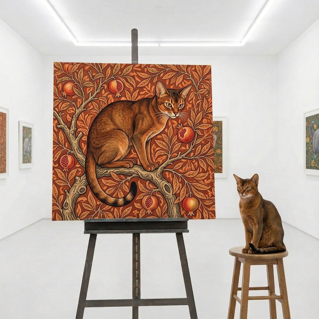 Ornate Float Canvas room mockup; custom cat portrait canvas from photo in the Ornate Float style; warm-toned cat; proof before print.