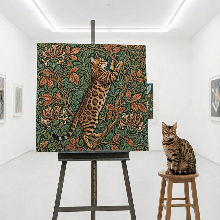 Ornate Float Canvas room mockup; custom cat portrait canvas from photo in the Ornate Float style; spotted tabby-like cat; proof before print.