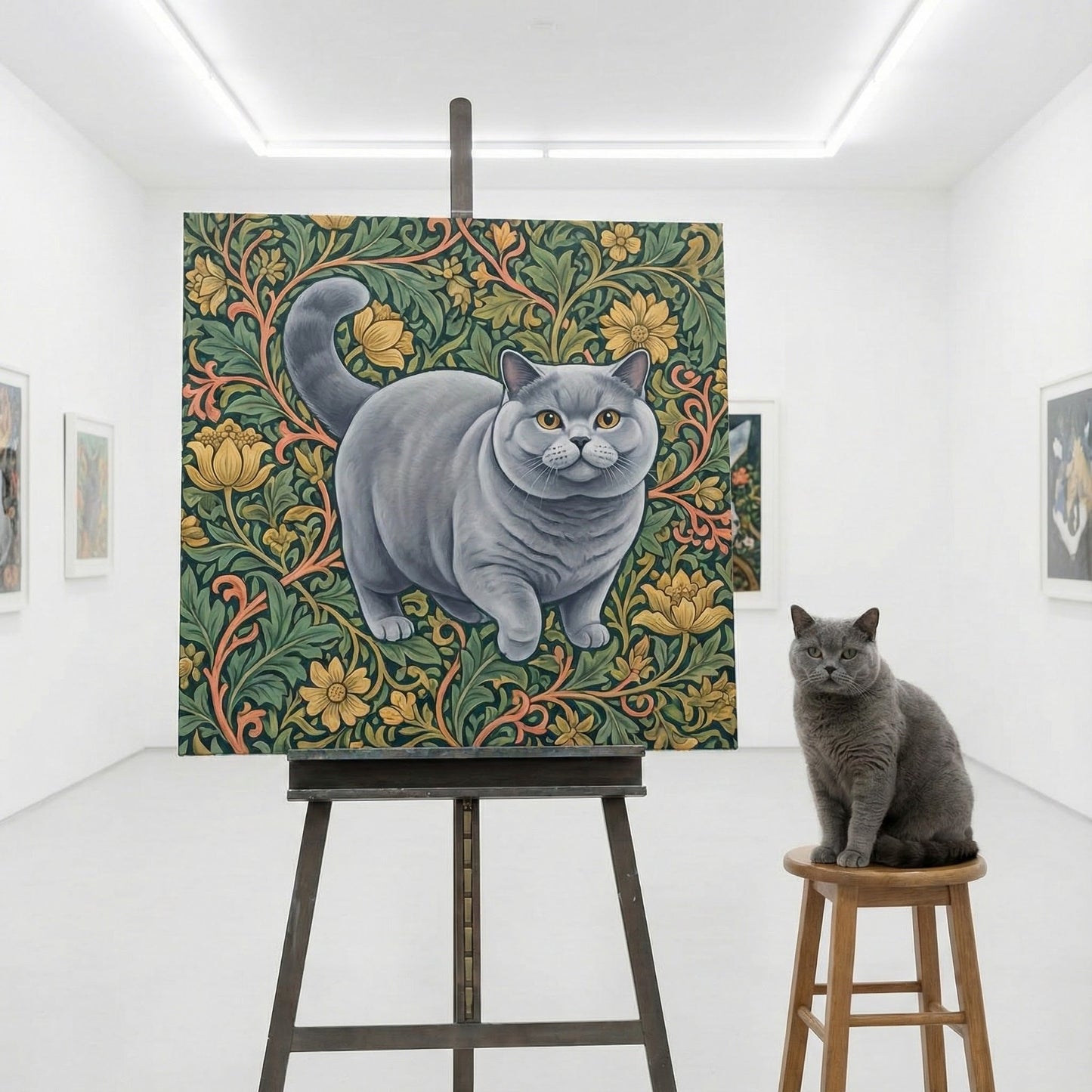 Ornate Float Canvas room mockup; custom cat portrait canvas from photo in the Ornate Float style; gray cat; proof before print.