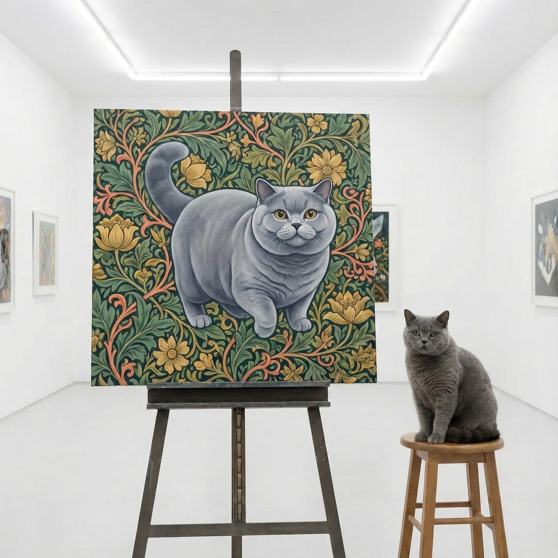 Ornate Float Canvas room mockup; custom cat portrait canvas from photo in the Ornate Float style; gray cat; proof before print.