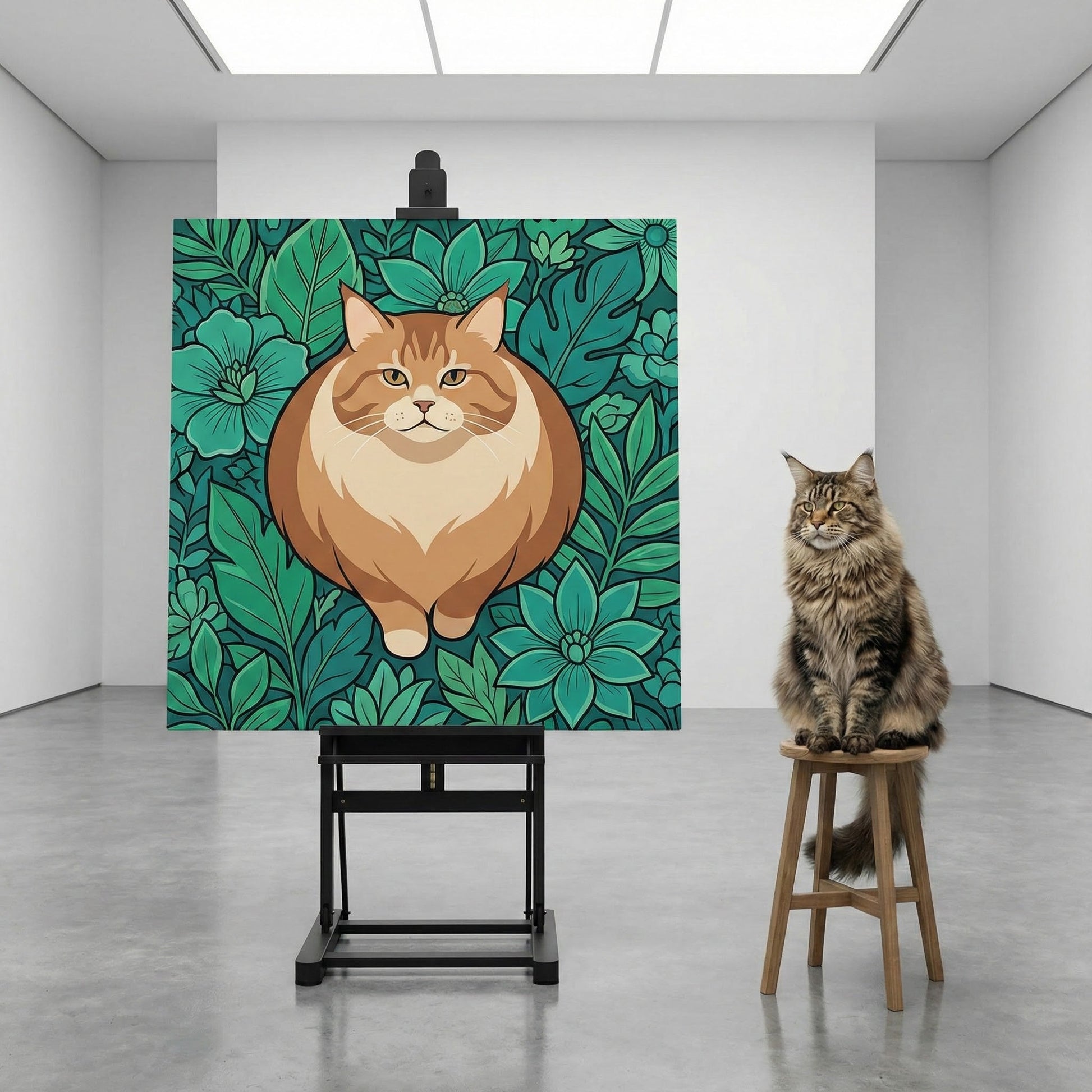 Ornate Float Canvas room mockup; custom cat portrait canvas from photo in the Ornate Float style; longhair cat; proof before print.