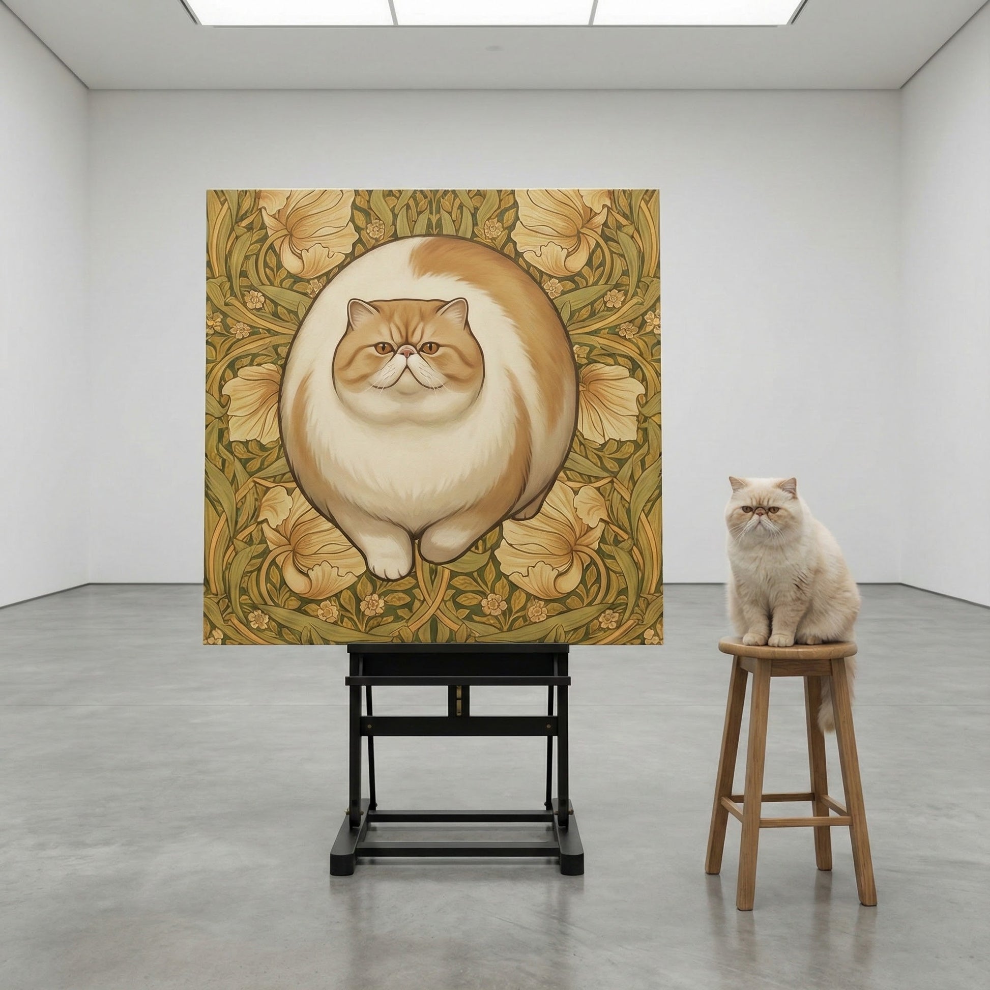 Ornate Float Canvas room mockup; custom cat portrait canvas from photo in the Ornate Float style; longhair cat; proof before print.