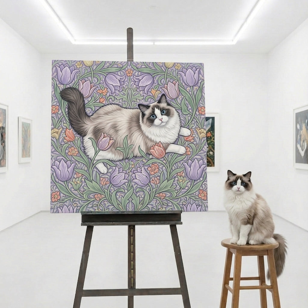Ornate Float Canvas room mockup; custom cat portrait canvas from photo in the Ornate Float style; longhair cat; proof before print.
