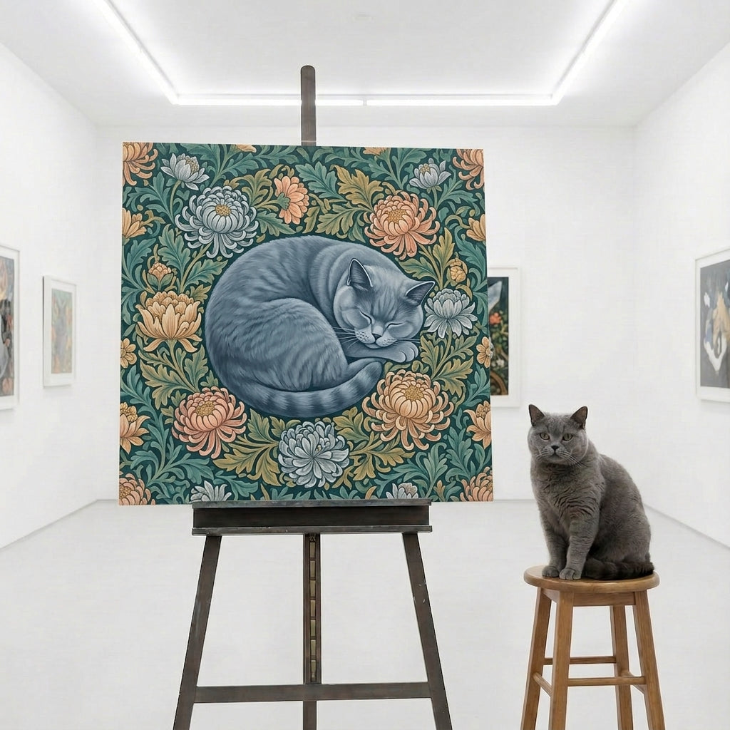 Ornate Float Canvas room mockup; custom cat portrait canvas from photo in the Ornate Float style; gray cat; proof before print.